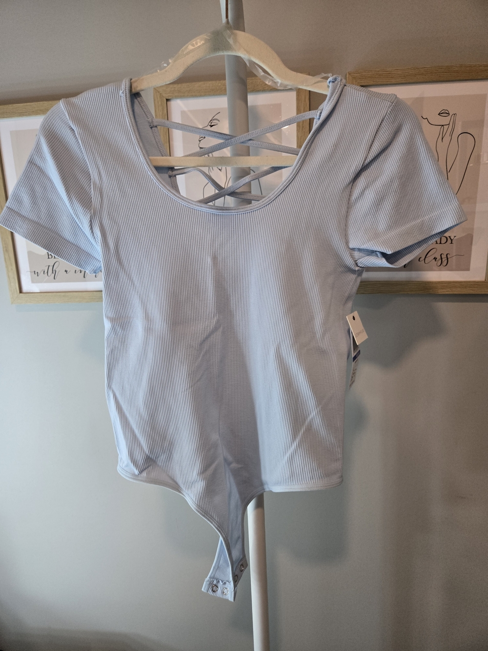 Ultra Flirt Light Blue Ribbed Crisscross Back Bodysuit